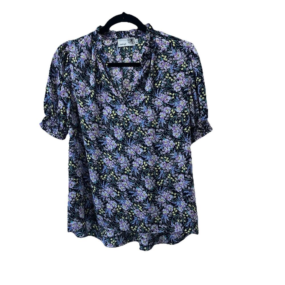 Everleigh Blue Lavender Floral Short Sleeve Top Cottage Boho Womens Size S
